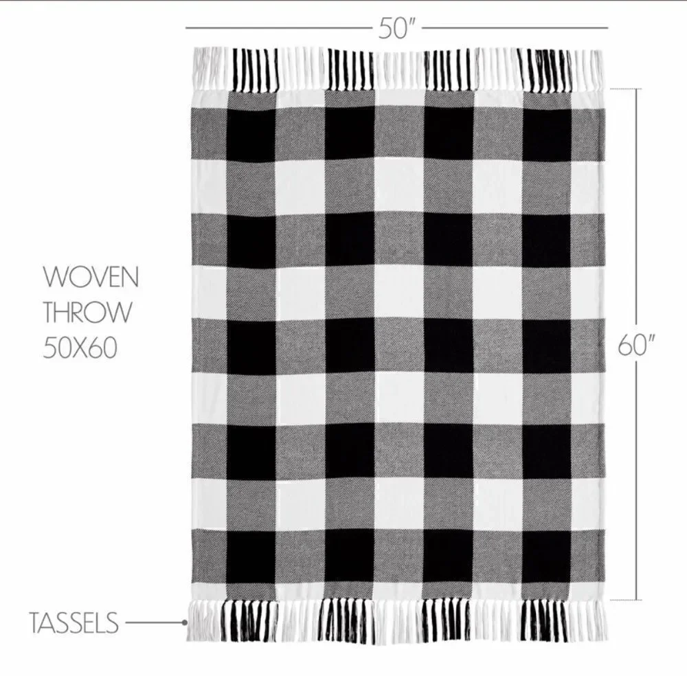 NEW! Black White Buffalo Plaid 100% Cotton Throw Blanket Fringed Cozy Warm